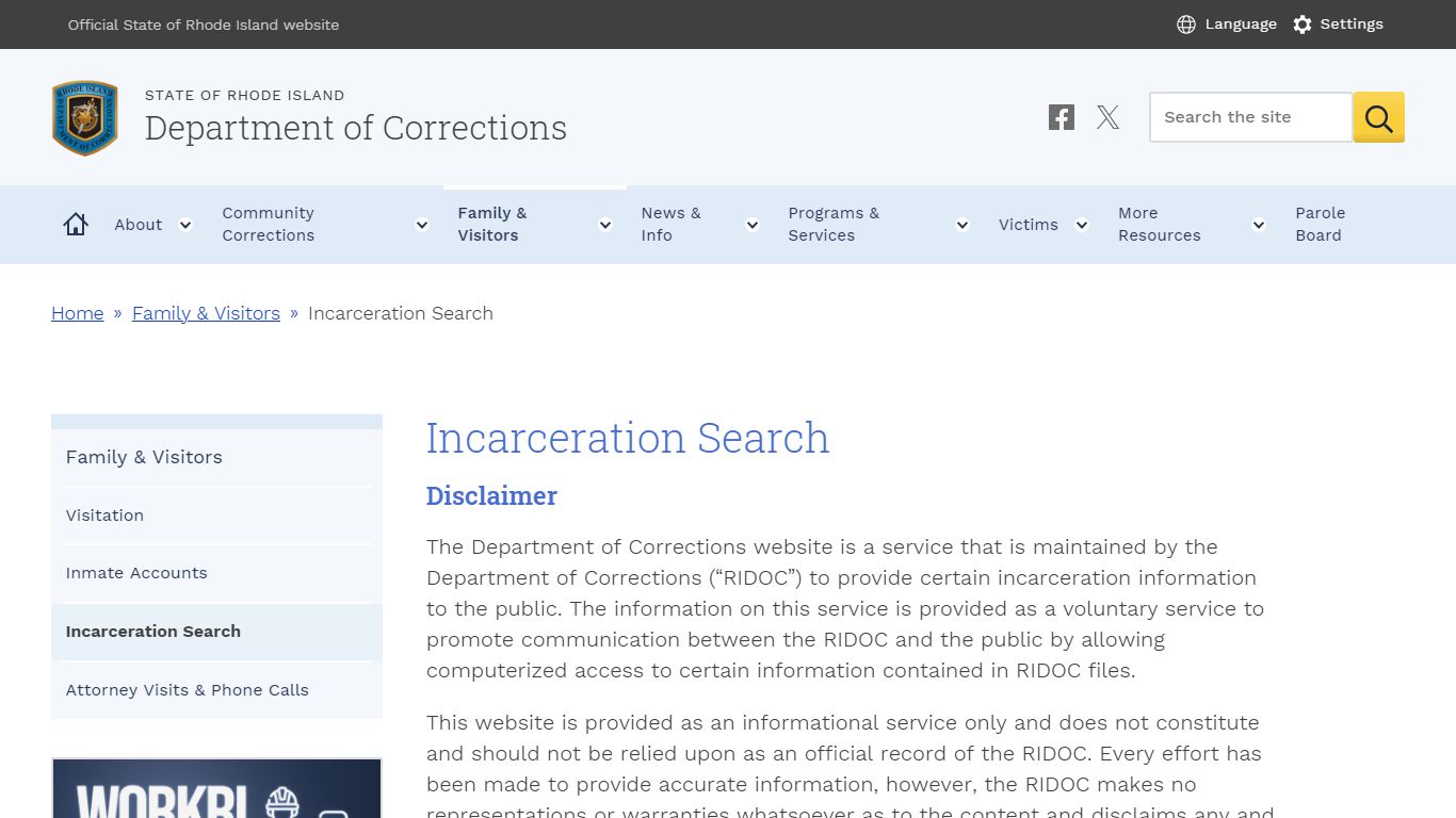 Incarceration Search | Department of Corrections